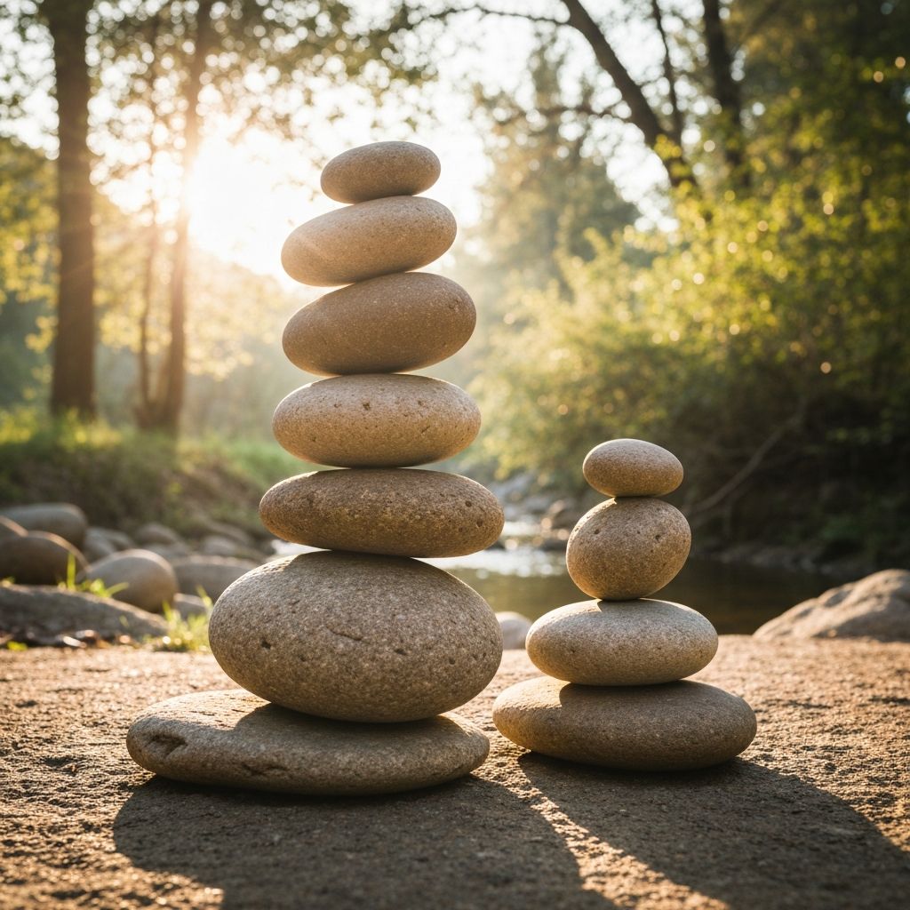 Naslagani kameni u prirodi koji predstavljaju balans i harmoniju, sa toplom svetlošću
