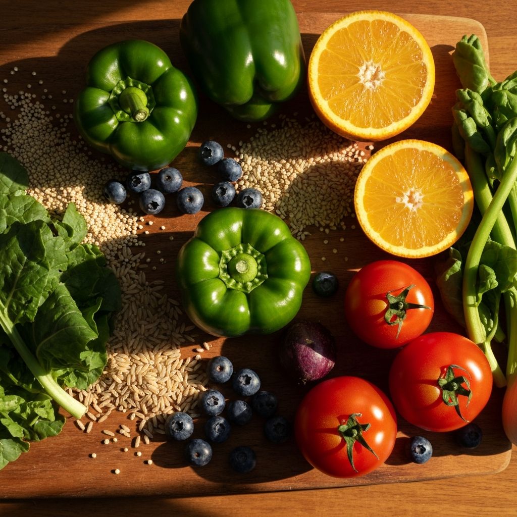 Prikaz zdravstvene ishrane sa voćem, povrćem i žitaricama na drvenom stolu u prirodnoj svetlosti