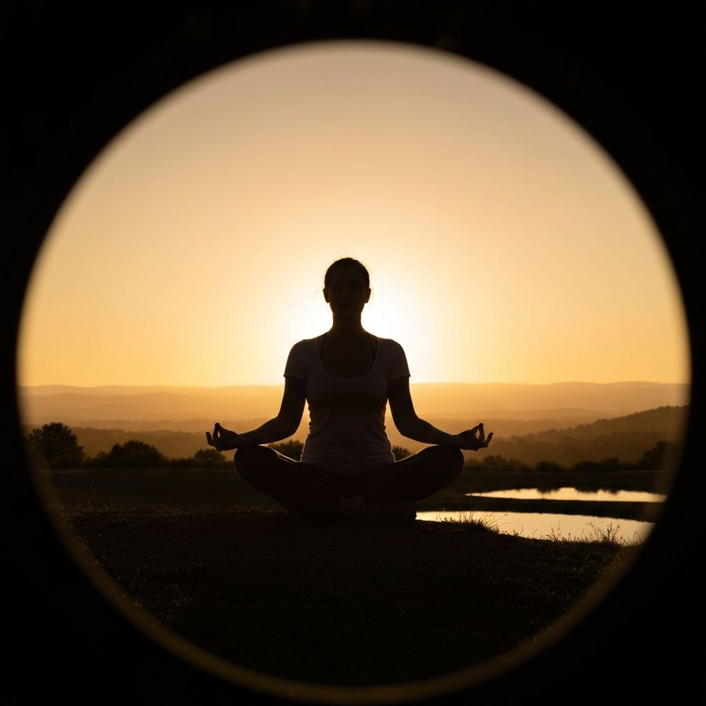 Osoba u stanju meditacije na prirodi pri zalaska sunca, demonstrirajući svesnost i duševni mir