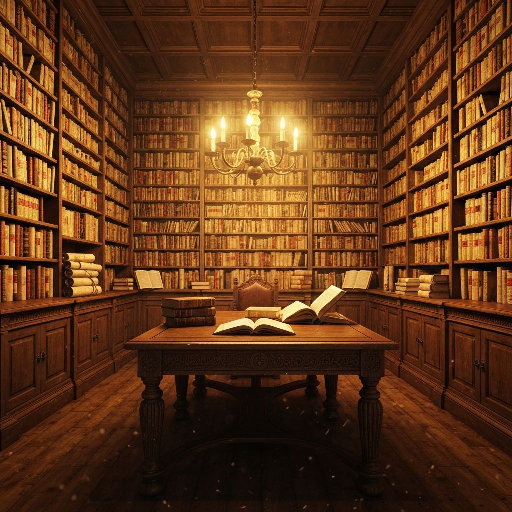 Antička biblioteka sa starim knjigama i starodrevnim pisanjima