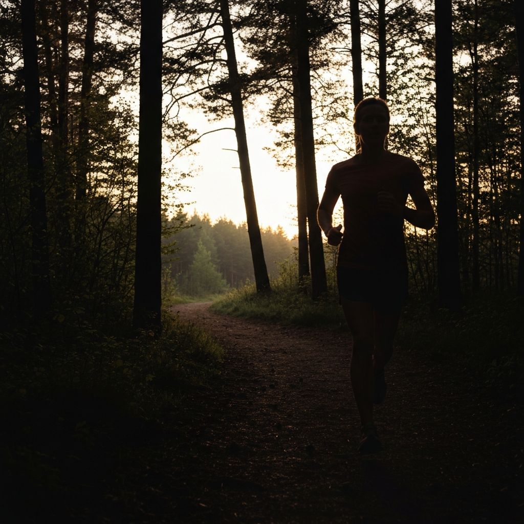 Osoba koja trči kroz šumsku stazu u prirodi, silueta u topla svetlost ranih jutarnjih sati
