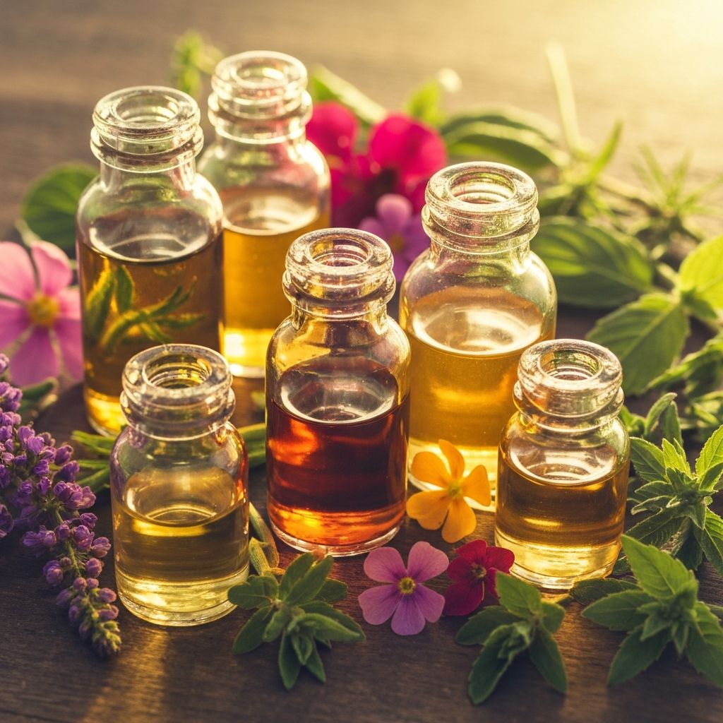 Prirodni sastojci za negu kože - biljke i esencijalna ulja u bocama sa toplom svetlošću