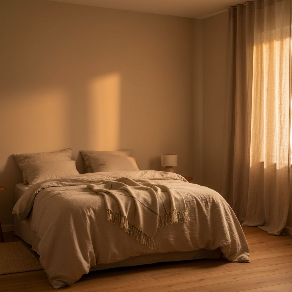 Mirna spavaća soba sa prirodnim tkaninama i toplim svetlom, obeležavajući mirno okruženje za odmor